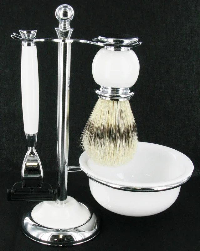 Artamis – Chrome & White Mach 3 Shaving Set With Badger Brush