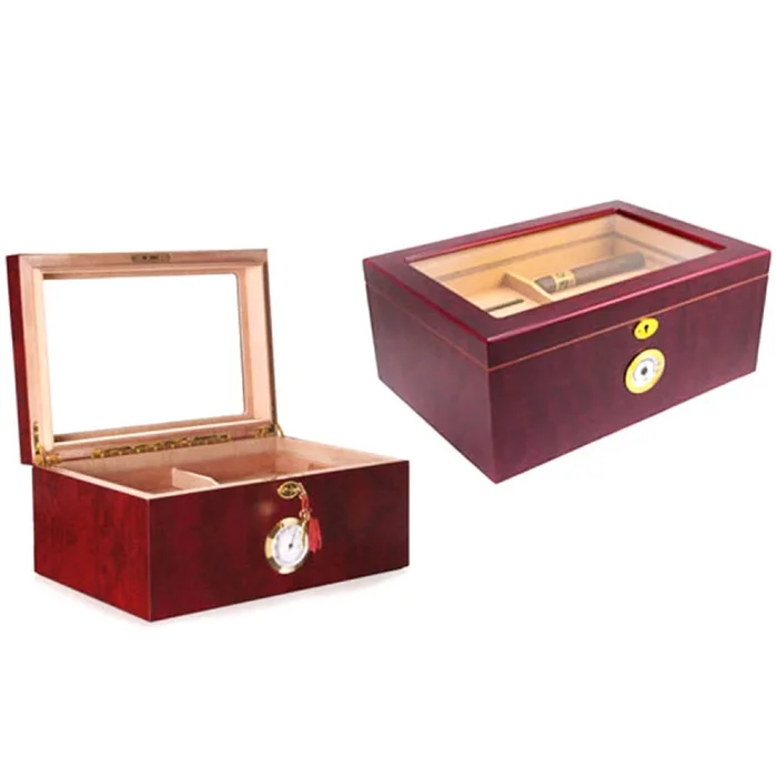 Cigar Humidor – Bubinga Veneer Wood with Glass top – Holds 100 Cigars