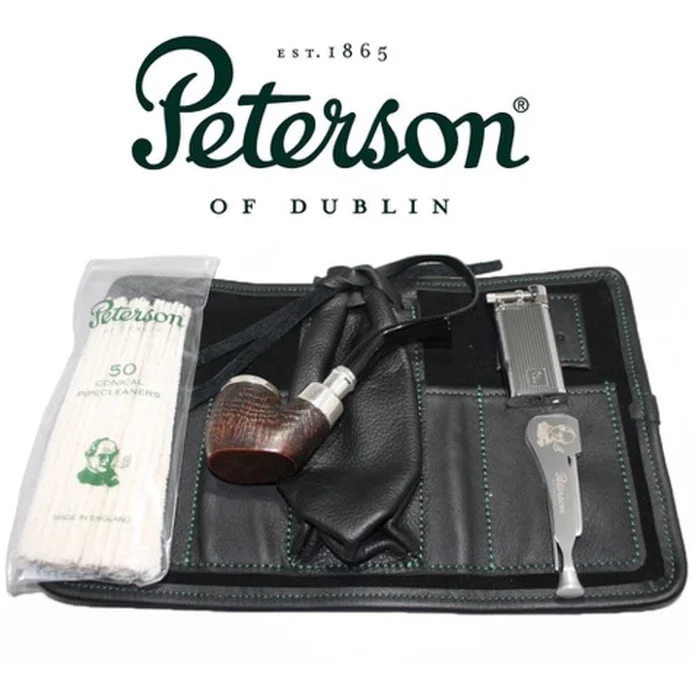 Peterson – Pipe Makers Series – 304 Sandblast Silver Cap Spigot – Leather Pouch Pipe Set